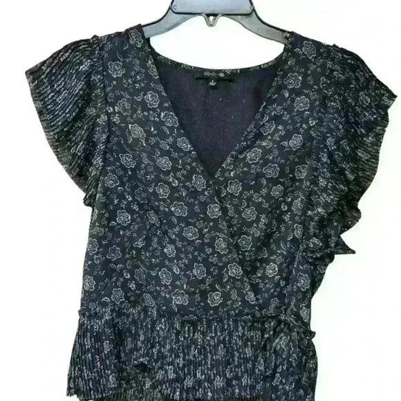 Madewell - women’s flutter sleeve warp Top in floral lurex black blouse SzL NWOT - Picture 4 of 9